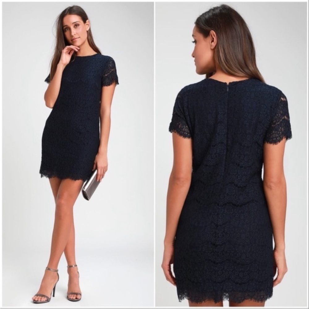 Lulus Take Me to Brunch Navy Lace Shift Dress Size Medium